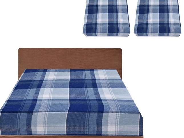 2x Queen Luxury 100% Cotton Flannelette Fitted Bed Sheet - Blue Check Print