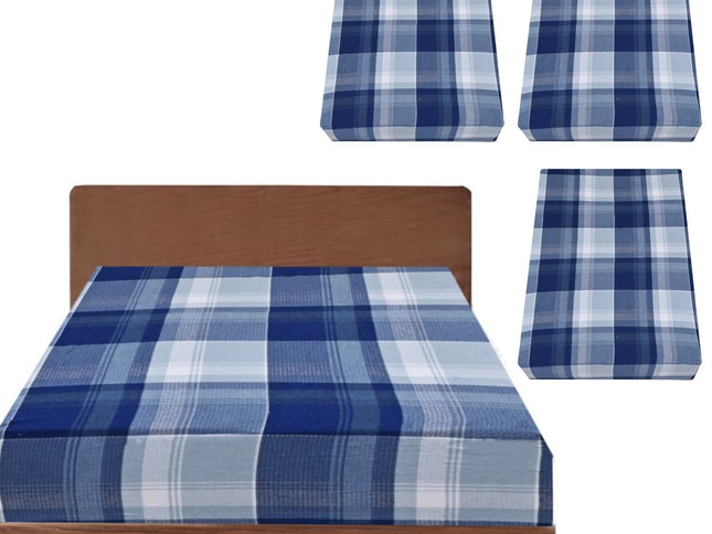 3x Queen Luxury 100% Cotton Flannelette Fitted Bed Sheet - Blue Check Print