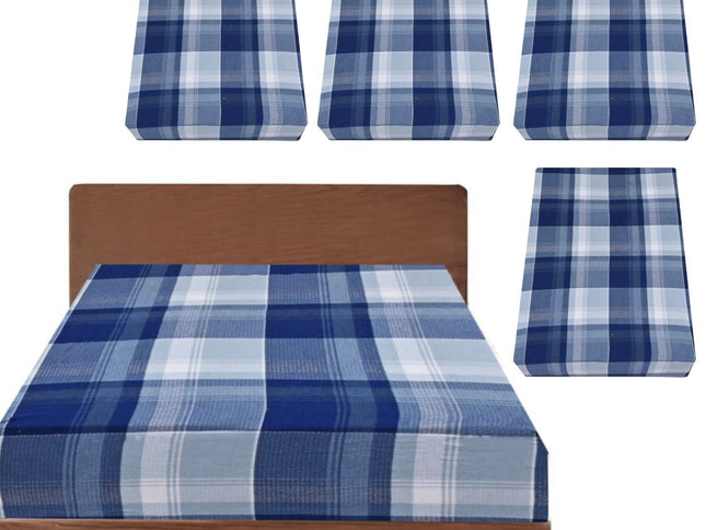 4x Queen Luxury 100% Cotton Flannelette Fitted Bed Sheet - Blue Check Print