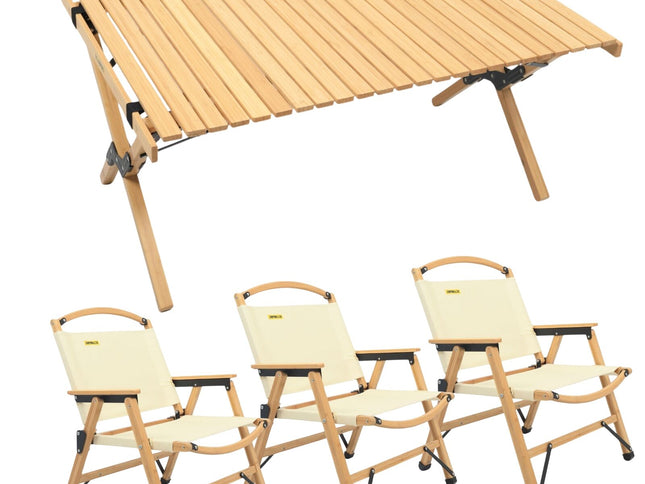 3 Chairs & 1 Table Set Bamboo Camping Folding Portable Outdoor Picnic Travel BBQ
