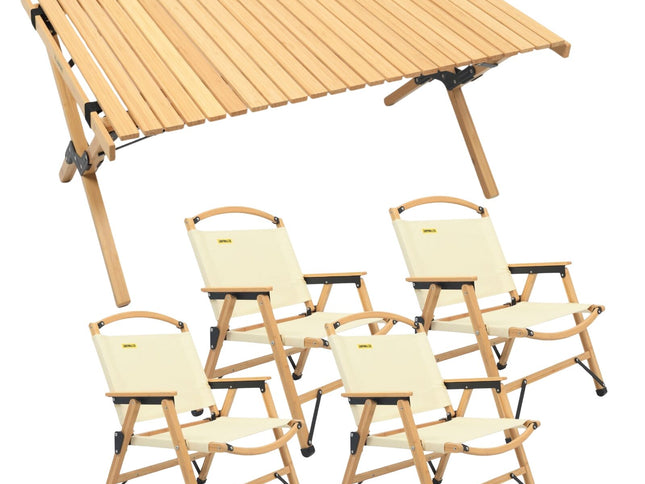 4 Chairs & 1 Table Set Bamboo Camping Folding Portable Outdoor Picnic Travel BBQ