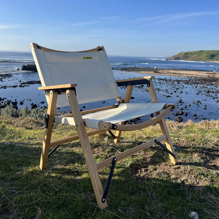 Bamboo Canvas Foldable Outdoor Camping Chair Wooden Travel Picnic Park - Khaki/Beige