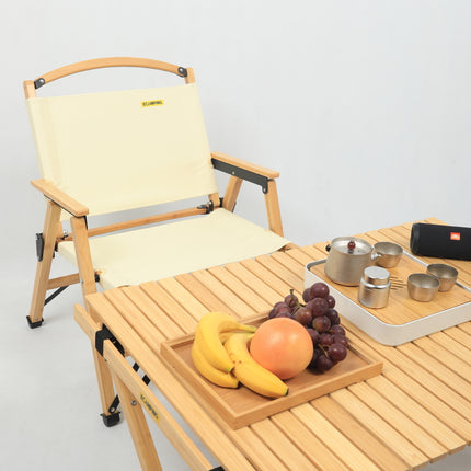 Bamboo Canvas Foldable Outdoor Camping Chair Wooden Travel Picnic Park - Khaki/Beige