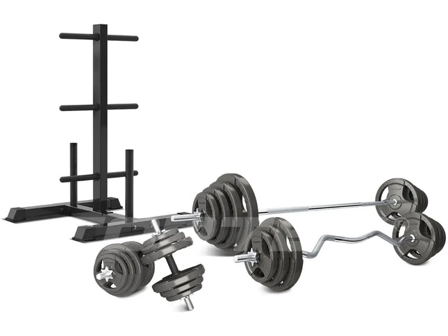 CORTEX 90kg Tri-Grip Standard Barbell Weight Set with Weight Tree 25mm