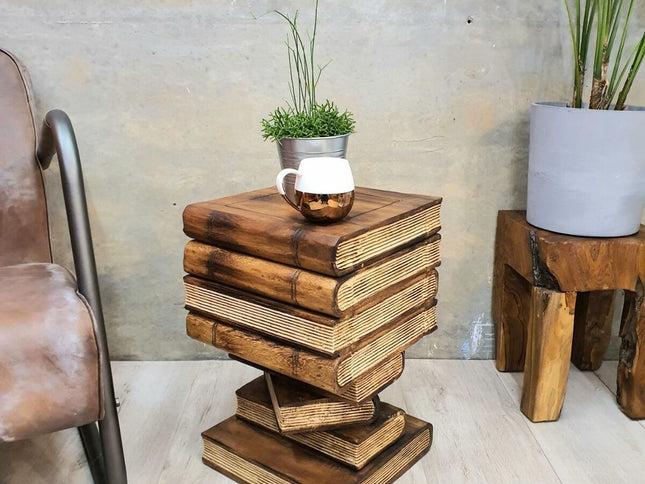 Side Table Book Stack Design w Storage Compartment Natural Burned