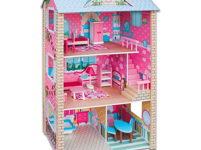 Large Wooden Dolls Doll House 3 Level Kids Pretend Play Toys Full Furniture