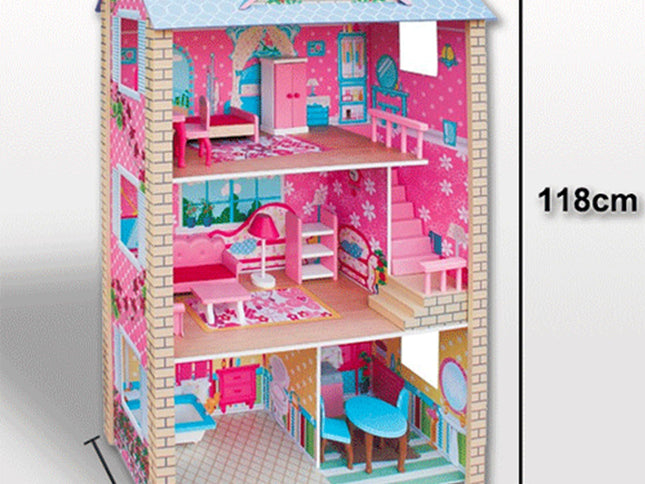 Large Wooden Dolls Doll House 3 Level Kids Pretend Play Toys Full Furniture