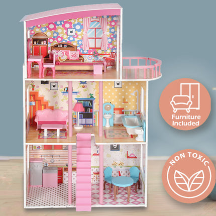 Large Wooden Girls Doll House 3 Level Kids Pretend Play Toys Furniture Dollhouse