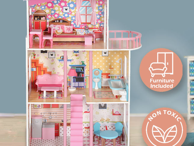 Large Wooden Girls Doll House 3 Level Kids Pretend Play Toys Furniture Dollhouse