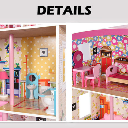 Large Wooden Girls Doll House 3 Level Kids Pretend Play Toys Furniture Dollhouse