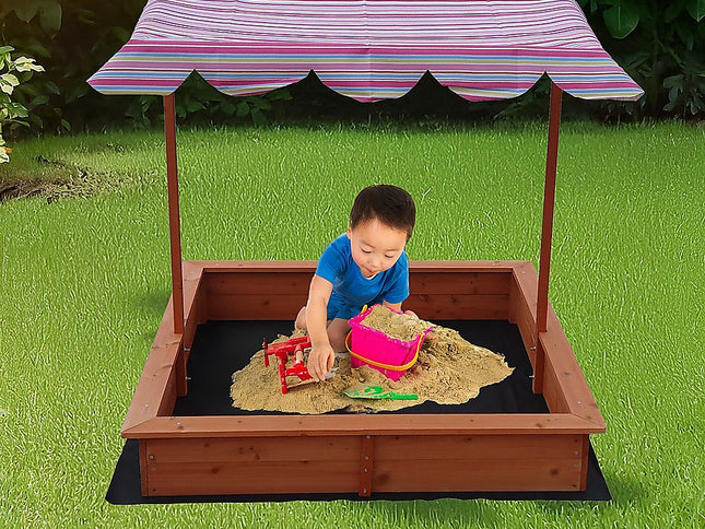 Kids Wooden Toy Sandpit with Adjustable Canopy