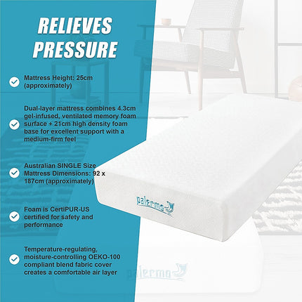 Single 25cm Gel Memory Foam Mattress – Dual-Layered Comfort with CertiPUR-US® Certified Foam