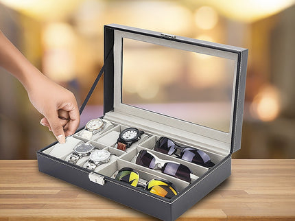 6+3 Grid Watch Sunglass Eyeglasses Display Box Case Storage Organizer PU Leather