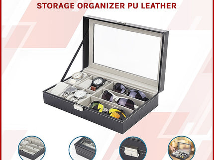 6+3 Grid Watch Sunglass Eyeglasses Display Box Case Storage Organizer PU Leather