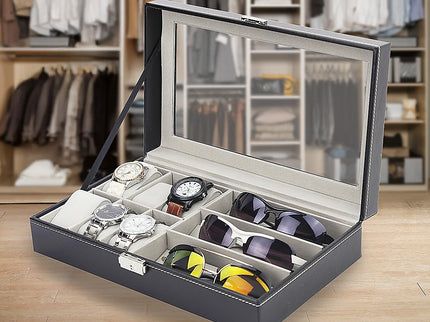6+3 Grid Watch Sunglass Eyeglasses Display Box Case Storage Organizer PU Leather
