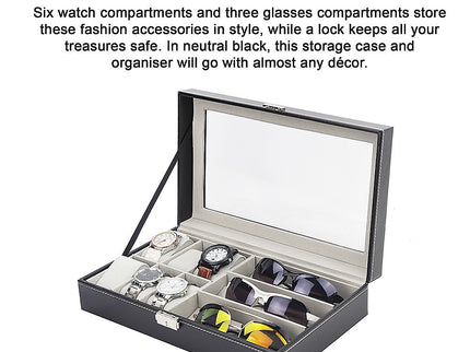 6+3 Grid Watch Sunglass Eyeglasses Display Box Case Storage Organizer PU Leather
