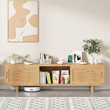 150cm Bamboo TV Cabinet Entertainment Unit with 3 Sliding Doors TV Stand Storage