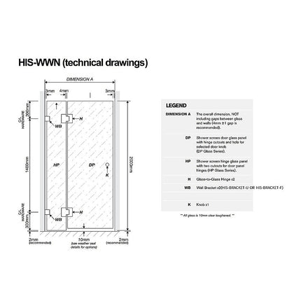 100cm Wall to Wall Frameless Shower Screen with Nickel Brackets and SS Hinges, Square Knob Handle