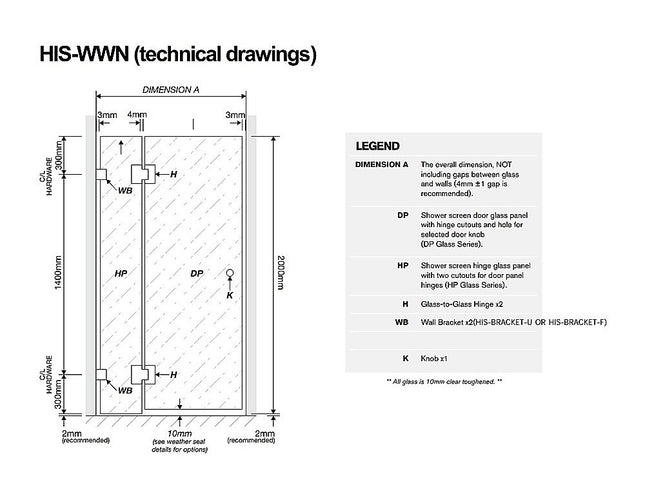 100cm Wall to Wall Frameless Shower Screen with Nickel Brackets and SS Hinges, Round Knob Handle