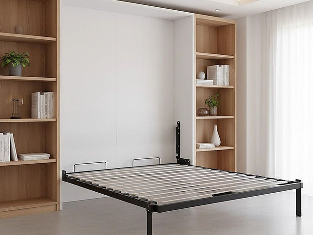 Double Wall Bed in White Gloss – Space Saving Murphy Bed Kit with Black Door Handle