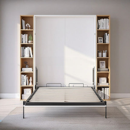 Double Wall Bed in White Gloss – Space Saving Murphy Bed Kit with Black Door Handle