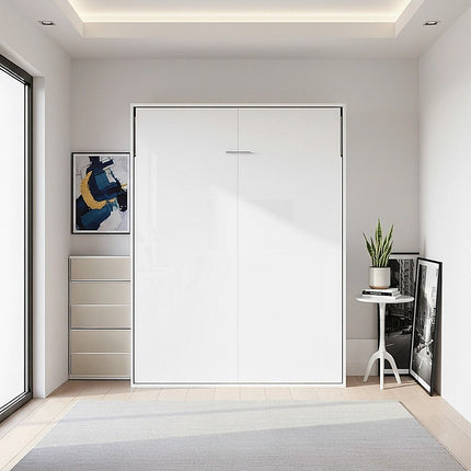 Double Wall Bed in White Gloss – Space Saving Murphy Bed Kit with Black Door Handle