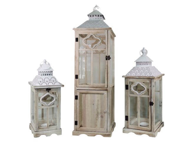 Set 3 Tall Natural Wooden Lantern 117cm
