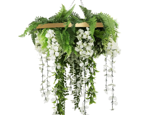 Gold Framed Roof Hanging Disc with Draping Life-Like Wisteria Flowers UV Resistant 60cm