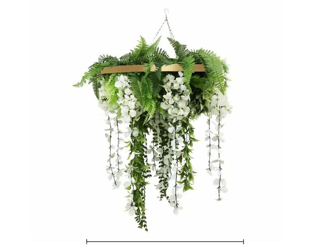 Gold Framed Roof Hanging Disc with Draping Life-Like Wisteria Flowers UV Resistant 60cm