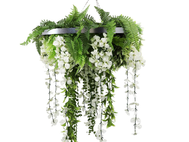 Silver Framed Roof Hanging Disc With Draping Life-Like Wisteria Flowers UV Resistant 60cm