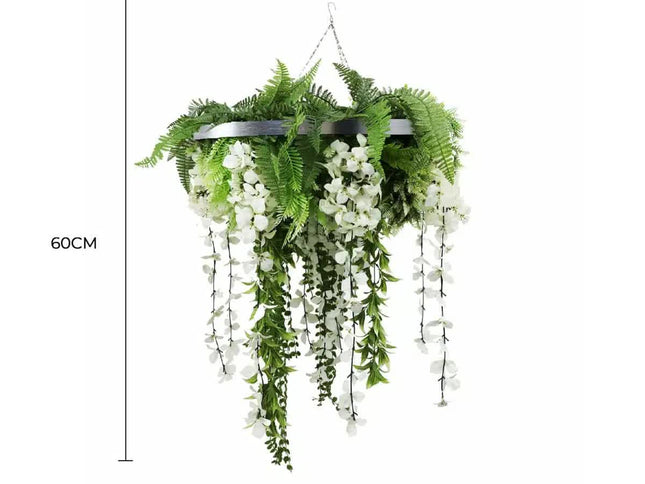 Silver Framed Roof Hanging Disc With Draping Life-Like Wisteria Flowers UV Resistant 60cm