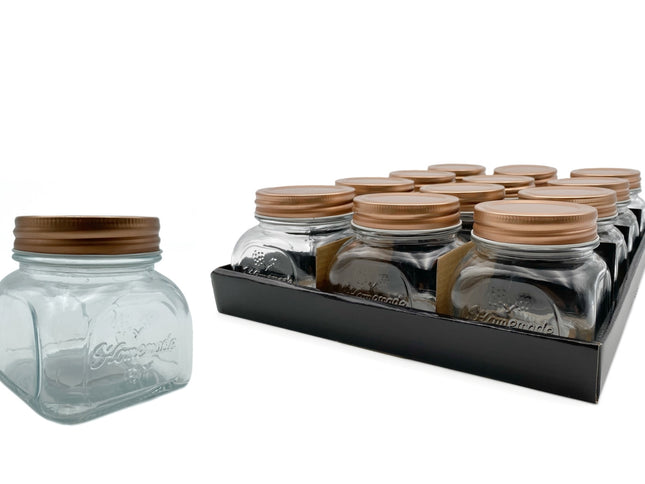 bulk 36 Glass Square Jar w Gold Metal Lid 250ml