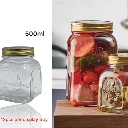 bulk 36 Glass Square Jar W Gold Metal Lid 500ml