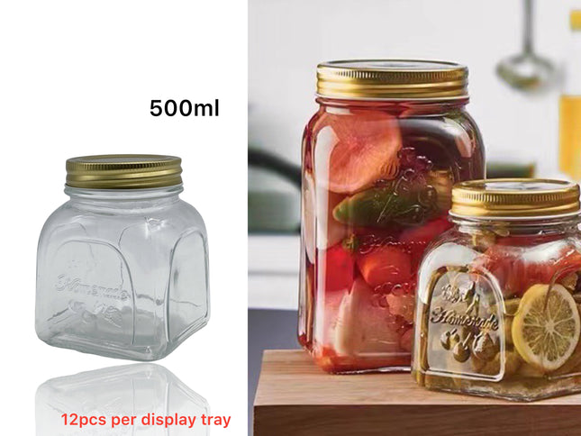 bulk 36 Glass Square Jar W Gold Metal Lid 500ml
