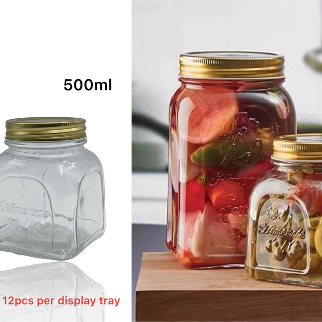 bulk 36 Glass Square Jar W Gold Metal Lid 500ml