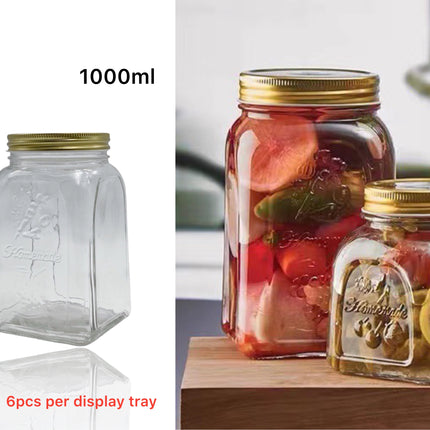 bulk 18 Glass Square Jar w Gold Metal Lid 1000ml