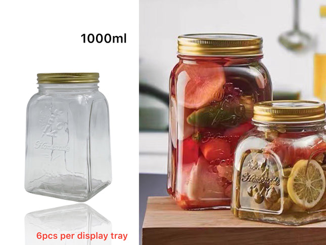 bulk 18 Glass Square Jar w Gold Metal Lid 1000ml
