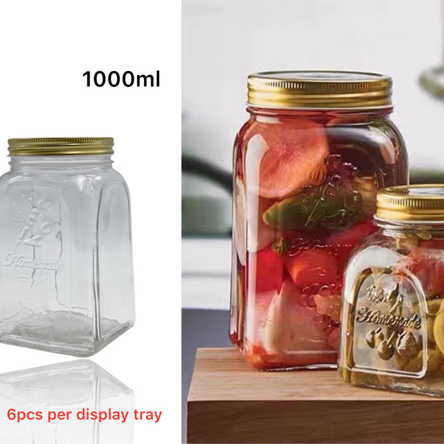 bulk 18 Glass Square Jar w Gold Metal Lid 1000ml