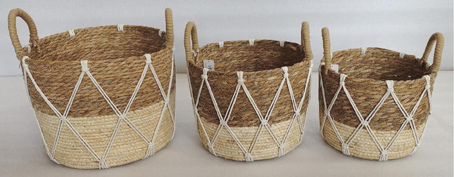 Set 3 Round Rattan W Macrame Basket 33x25cm