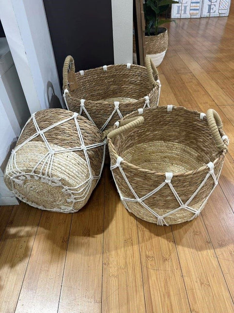 Set 3 Round Rattan W Macrame Basket 33x25cm
