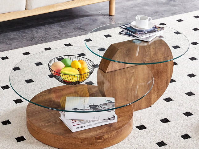 'MINORI' Double Layer Clear Tempered Glass Dark Wood Grain Coffee Table