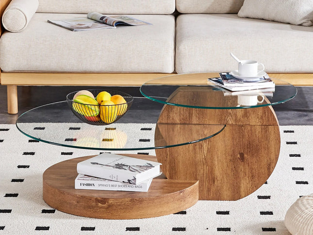 'MINORI' Double Layer Clear Tempered Glass Dark Wood Grain Coffee Table