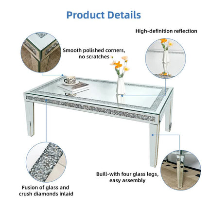 Silver Mirrored Coffee Table with Crushed Crystal Diamond Inlay Rectangular Center Table for Living Room