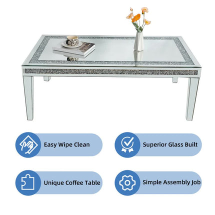 Silver Mirrored Coffee Table with Crushed Crystal Diamond Inlay Rectangular Center Table for Living Room