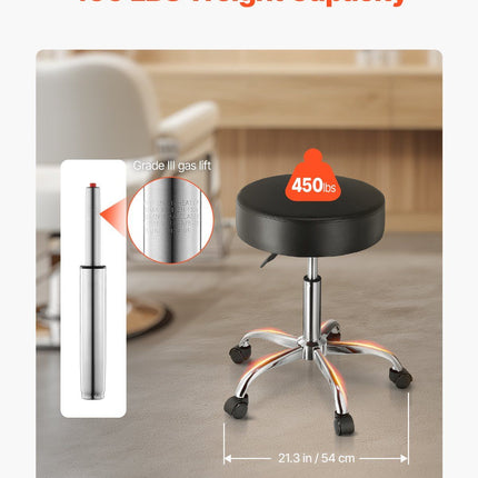 Leather Rolling Stool with Wheels, 360ï¿½ Swivel Height-Adjustable Round Seat with Thick Cushion, Work Stool for Tattoo, SPA, Salon, Office, Home & Bar, Black