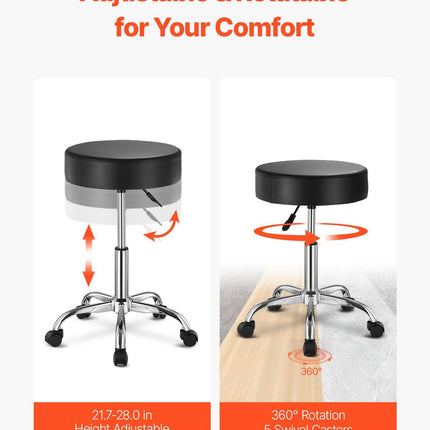 Leather Rolling Stool with Wheels, 360ï¿½ Swivel Height-Adjustable Round Seat with Thick Cushion, Work Stool for Tattoo, SPA, Salon, Office, Home & Bar, Black