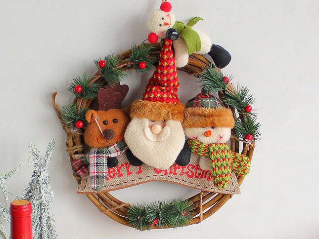 Rustic Christmas Wreath with Santa, Reindeer, and Snowman - Holiday Door Decoration