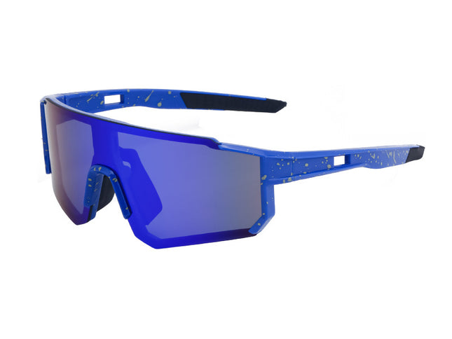 Blue Frame Sports Sunglasses with Splatter Design & UV400 Mirrored Lens | Athletic Eyewear