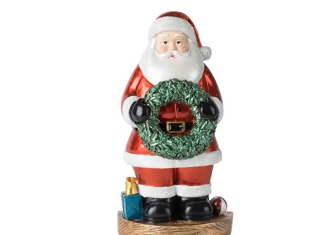 Santa Claus Figurine with Wreath - 18cm Festive Resin Christmas Decoration
