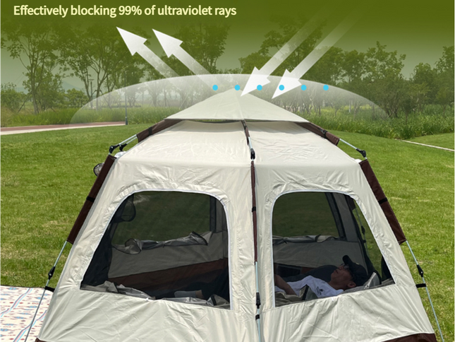 5-8 Person Hexagonal Camping Tent | Double-Layer Silver Coated Waterproof Shelter with Awning (280*280*158cm)